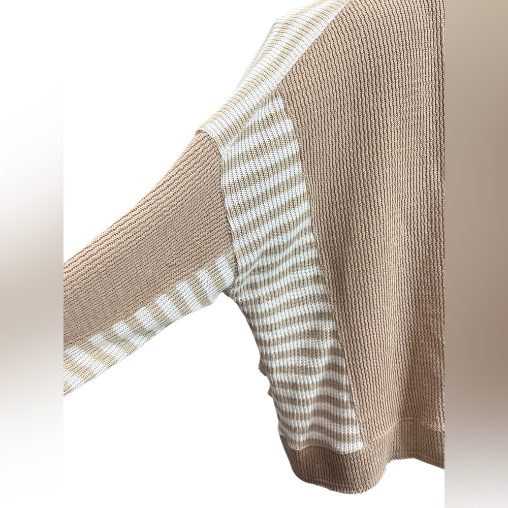 BiBi Waffle Knit Oversized Sweater Large Tan Cream Striped Boho Cozy Pullover - Picture 5 of 8